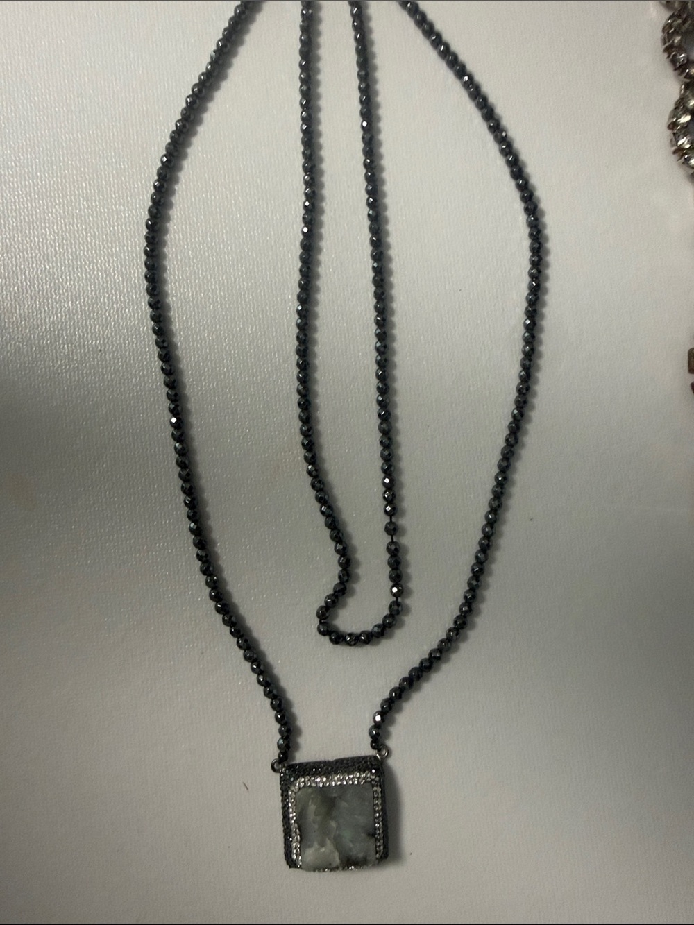Hematite Beaded Necklace with Gray Stone Pendant